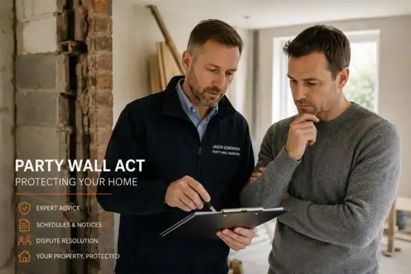 Party wall surveyor Didcot discussing extension plans with homeowner outside a UK semi-detached house.
